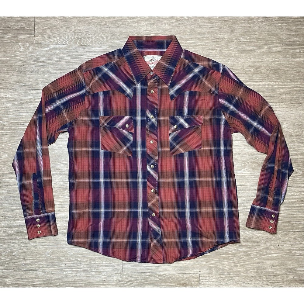 Men's Size LARGE Wrangler American Cowboys Choose Plaid Red White Pearl Snaps